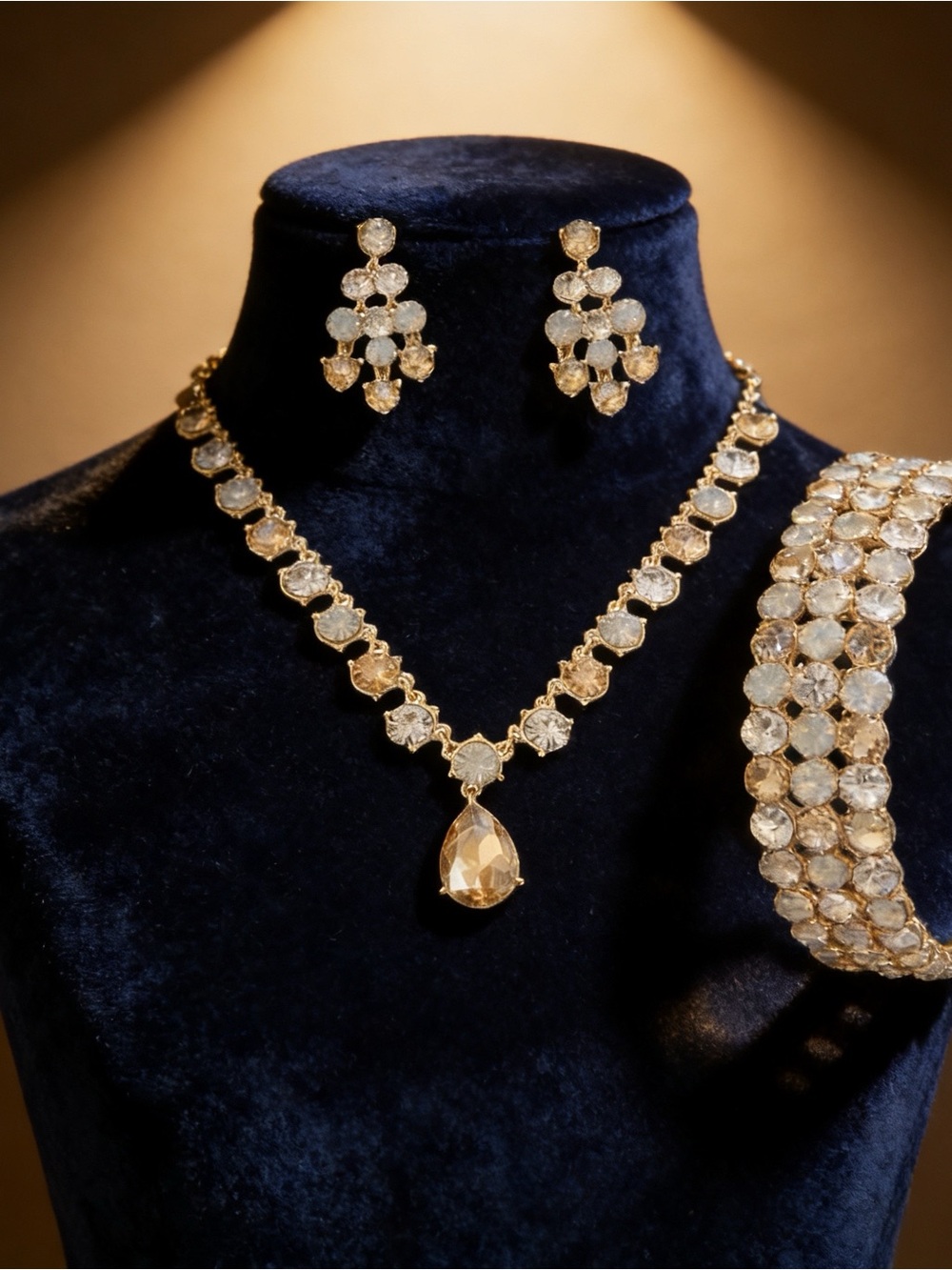 Elegant Gold Tone Crystal Bridal Set Champagne & Clear Rhinestone Jewelry Set